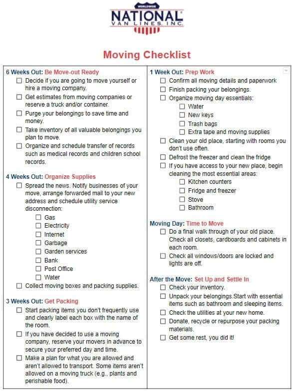 Checklist for a Local Move | National Van Lines