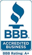 A logo representing a BBB (Better Business Bureau) Accredited Business with a torch symbol above the letters 