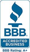 Blue and white Better Business Bureau (BBB) accredited business logo with a torch symbol above the letters 